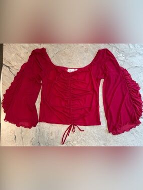 Buckle Red Ruched Tie-Front Off The Shoulder Long Sleeve Top